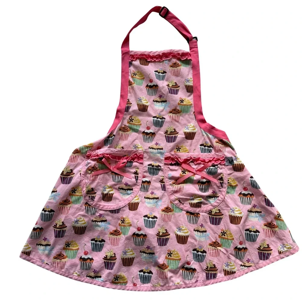 Apron Elegance Pink Cupcake Ruffle Bib Apron 100% Cotton Pockets Retro Feminine